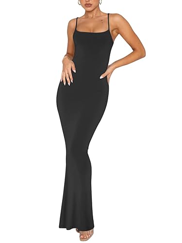 REORIA Women's Basic Sexy Lounge Slip Long Dress Elegant Sleeveless Backless Ribbed Bodycon Maxi Dresses - Small - Black