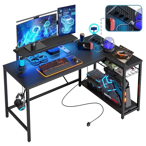 Bestier Eckschreibtisch mit USB-Ladeanschluss und Steckdose, 132 cm Gaming Tisch L Form, großer Schreibtisch mit Regal & Monitorständer, Links und rechts tauschen, für Büro, Schlafraum, Schwarz - Gaming Schwarz - 132 x 80 cm