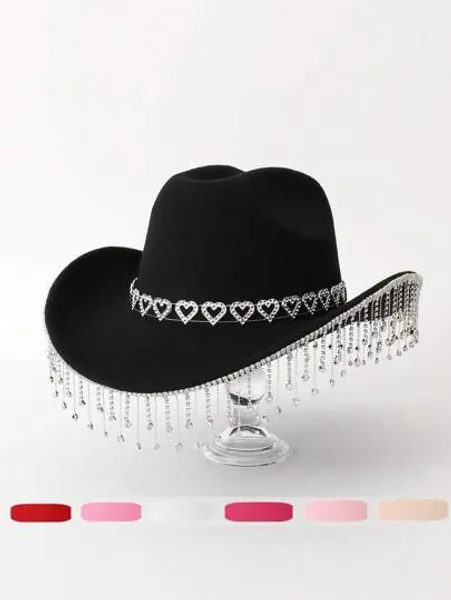 1pc Ladies Solid Color Water Drop Tassel Pendant Western Cowboy Hat With Heart Shaped Rhinestone Suitable For Daily Use, Travel, Vacation, Leisure, Parties, Wedding And Jazz Hat