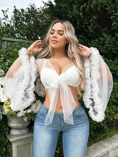 SHEIN SXY Tie Front Bell Sleeve Knot Front Crop Mesh Top Without Bra