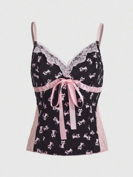 Kawaii Cartoon Graphic Contrast Lace Tie Front Cami Top