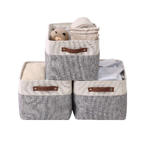 DECOMOMO Storage Bins | Fabric Storage Basket for Shelves for Organizing Closet Shelf Nursery Toy | Decorative Large Linen Closet Organizers with Handles Cubes (Grey and White, Large - 3 Pack)