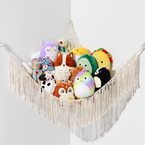 Stuffed Animal Hammock Macrame Boho Plush Toy Hammock Net for Stuffed Animals with Light Pet Net for Stuffed Animals Corner Hanging Stuffed Animal Storage Holder for Wall Teddy Bear Net for Kids Room