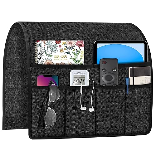 Joywell Remote Caddy Couch Remote Control Holder for Recliner Sofa Armrest Organizer Non Slip Arm Chair Caddie with 6 Pocket Storage for Magazine, Tablet, Phone, iPad, Black - Black - 19'' x 35''