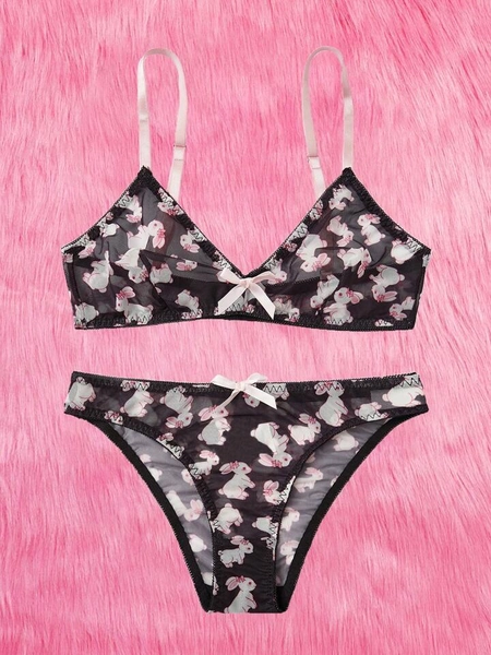 Kawaii Rabbit Print Bow Decor Mesh Lingerie Set