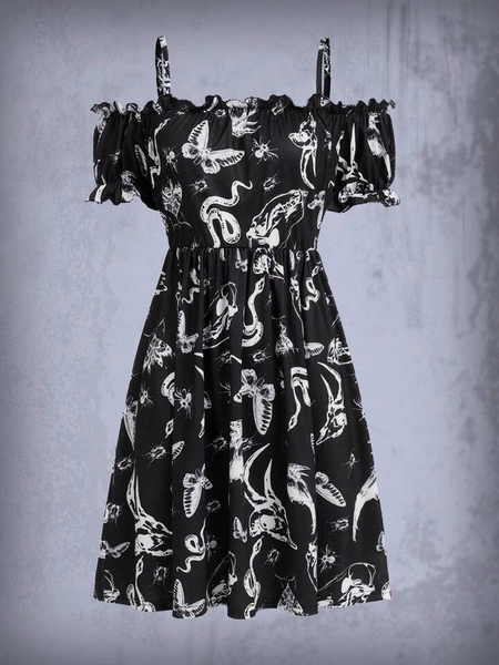 Goth Allover Print Cold Shoulder Dress