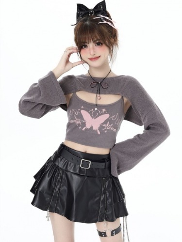 Gray Knitted Shrug + Butterfly Pattern Cami Top Set