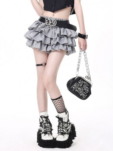 Gray Plaid Tiered Ruffles Mini Skirt with Free Belt