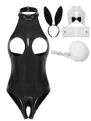 Miutii Women's Sexy Bunny Girl Cosplay Costume Wetlook Cutout Bodysuit Naughty Rabbit Lingerie Set - Black - Small