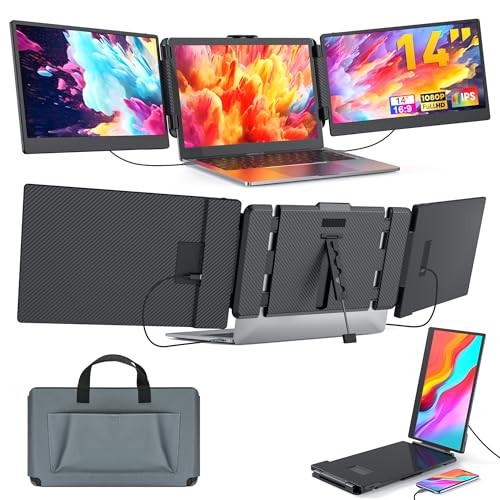 JJTechGiant Triple Portable Monitor for Laptop Screen Extender Dual Monitor 14 Inch FHD 1080P Tri Screen Display 4 Speakers Plug and Play No Driver for 13.3-17 Inch Laptop Windows/Mac/Chrome - H2-14 inches