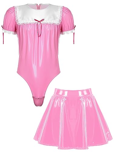 YiZYiF Mens Sissy Wet Look Lace French Maid Bodysuit Roleplay Cosplay Lingerie Costumes Leotard - Skirt Pink a - X-Large