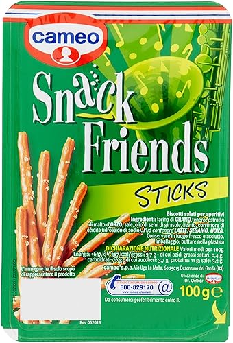 Cameo Snack Friends Sticks 100 g, Biscotti Salati per Aperitivi, Fragranti Stuzzichini con Granelli di Sale in Superficie da Gustare in un Pratico Astuccio per 100 g Complessivi (Confezione da 6) - 100 g (Confezione da 6)