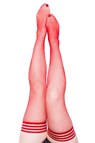 Sandra: Red Fishnet. No Regrets in These Red Nets. Petite to Plus Size Thigh Highs | Size D