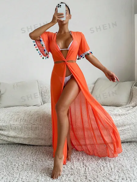 SHEIN Swim Chicsea Cubierta De Mujeres Con Nudo En Torcedura, Bloque De Color Con Flecos Huecos