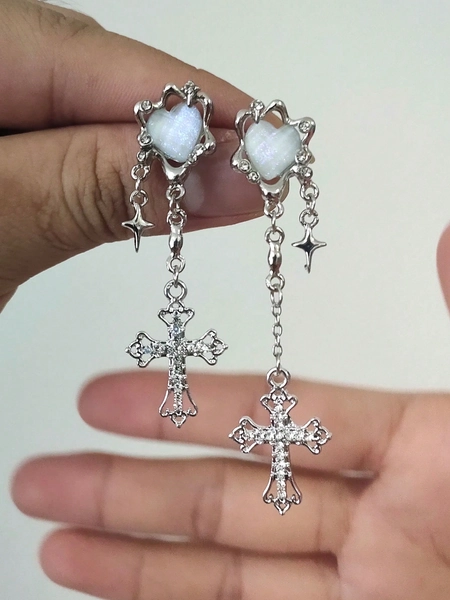 ROMWE Kawaii 1 par Pendientes largos atractivo aleación de zinc con corazón & decoración cruzada para mujeres para regalo de citas