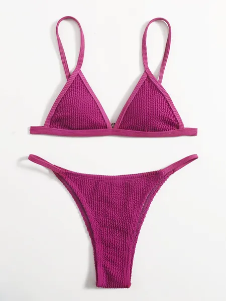 SHEIN Swim Conjunto de bikini texturizado Sujetador triangular con ribete en contraste y tanga Traje de baño de 2 piezas