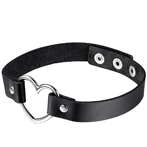 Cupimatch 2Pcs Punk Heart Charm Leather Collar Choker Necklace Adjustable 13"- 15.7"… - Black