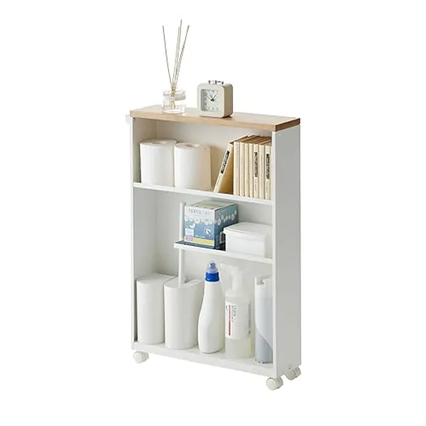 Yamazaki Home Rolling Slim Bathroom Utility Cart with Handle - Storage Shelf Narrow Organizer Rack Steel One Size White - White