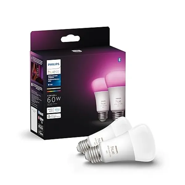 Philips Hue Smart 60W A19 LED Bulb - White and Color Ambiance Color-Changing Light - 2 Pack - 800LM - E26 - Indoor - Control with Hue App - Works with Alexa, Google Assistant and Apple Homekit - White and Color Ambiance - 2 Pack