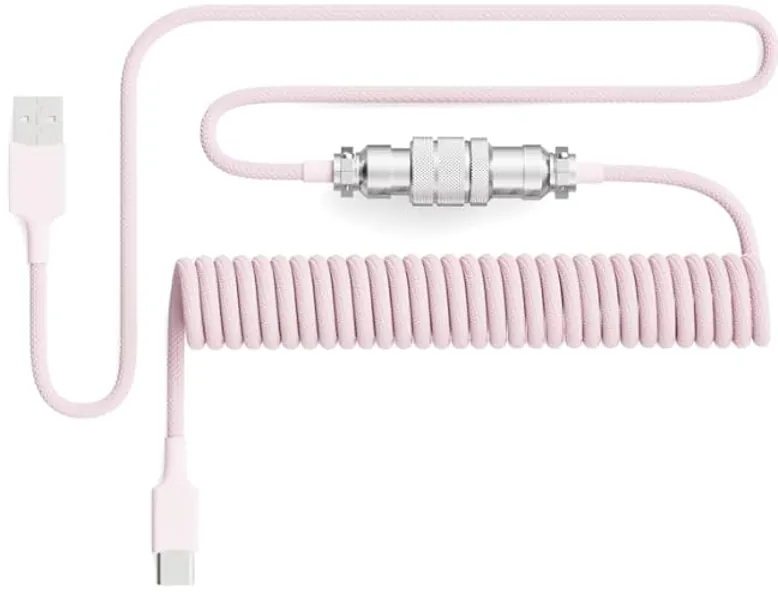 PWNAGE Ultra Custom Coiled Aviator USB C Cable for Gaming Keyboard, Double-Sleeved Mechanical Keyboard Cable with Detachable Metal Aviator, 1.8M USB-A to USB-C, Pink Color (Pink)