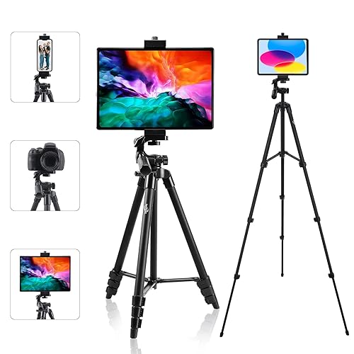 teefeet Tablet Tripod 53 inch iPad Tripod Aluminum Smartphone Tripod for iPhone iPad Pro Camera Mobile Phone Lightweight Travel Selfie Stand Tripod Black - black