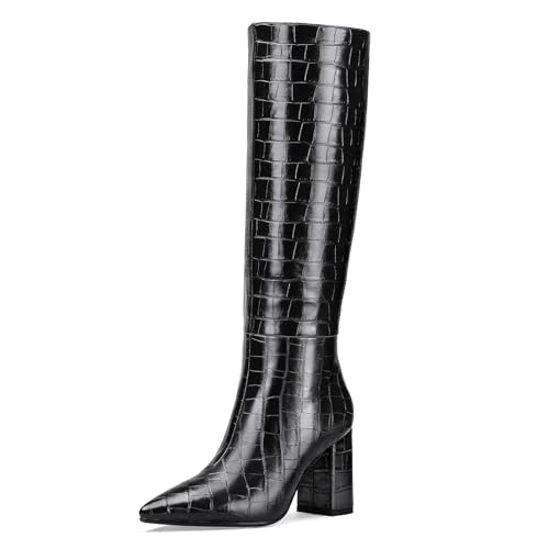 Lumeheel Knee High Boots for Women - Fashion Faux Crocodile Boots Wide Calf Tall Boots Long Gogo Boots Zipper Pointed Toe Block Heel Chunky Knee High Boots Size 6-11 - 8.5 Wide - Black-st