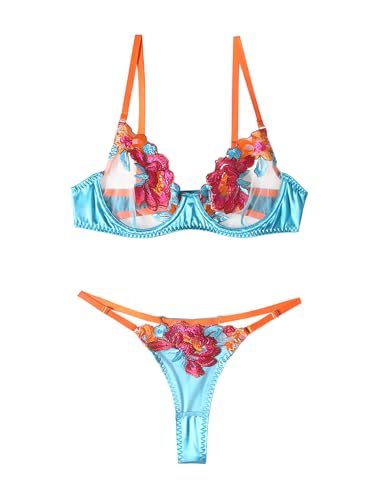Lilosy Sexy Floral Embroidered Underwire Push Up Lingerie Set Women See Through Bra and Panty 2 Piece - Flower - Small - Flower Blue