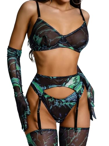 popiv Women Sexy Garter Lingerie Set Festival Rave Outfits Marble Print Tie Dye Lingerie Matching Bra Sets 5pc - Small - Black Tie Dye