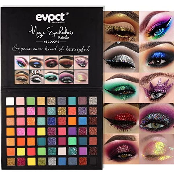 evpct 63 Colors Glitter Shimmer Matte Eyeshadow Makeup Palette Pallet,Pressed White Eyeshadow Glitter Gel Glue High Pigment Eye Shadow Matte Makeup Palette