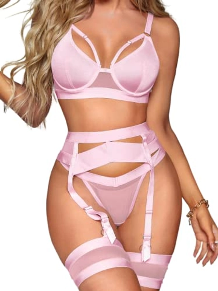 Kaei&Shi Garter Lingerie For Women,Sexy Lace Lingerie,Sheer Matching 4 Piece Lingerie Set