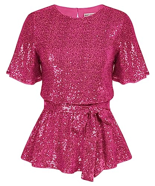 GRACE KARIN Women Sequin Party Cocktails Tops Short Sleeve Crew Neck Elastic Tie Waist Peplum Blouses