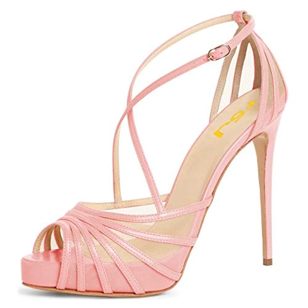 FSJ Elegant Peep Toe Crisscross Platform Sandals Women Ankle Strappy Stiletto High Heel Pumps D'Orsay Mesh Wedding Resorts Dress Shoes US Size 4-15