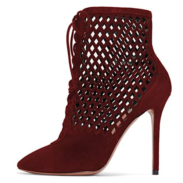 FSJ Women Gorgeous Cutout Ankle Boots High Heels Stiletto Lace up Bootie Round Toe Evening Party Shoes Size 4-15 US
