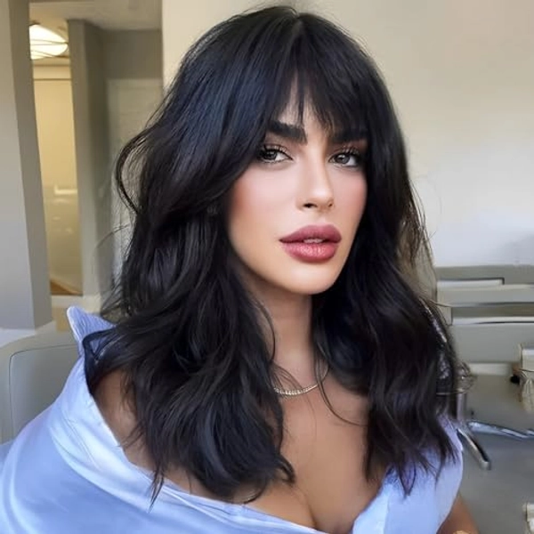 KOME Black Wig with Bangs,Black Wavy Wigs for Women,Shoulder Length Curly Synthetic Hair Wig for Party Daily Use 18IN…
