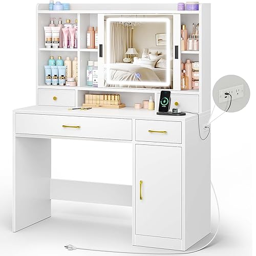 Seventable Vanity Desk with Sliding Mirror & Power Outlet, Makeup Vanity Desk with LED Lights, Adjustable 3 Color Modes, Drawers & Top Storage Shelf, White Vanity Table for Bedroom, Studio - White