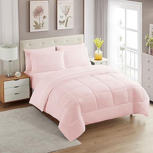 Sweet Home Collection 7 Piece Comforter Set Bag Solid Color All Season Soft Down Alternative Blanket & Luxurious Microfiber Bed Sheets, Pale Pink, Queen - 1 - Pale Pink - Queen