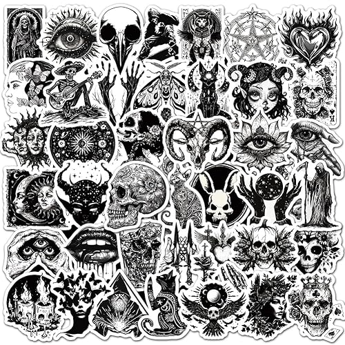 100Pcs Gothic Stickers Pack, Black and White Skull Stickers for Water Bottle Laptop Luggage Skateboard Planner Scrapbooking, Waterproof Vinyl Horror Decals for Teens Adults