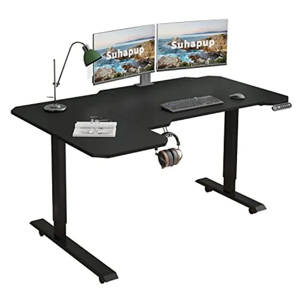 Suhapup Electric Height Adjustable Standing Desk, 59 L-Shaped Sit - Stand Desk for Work or Home Office Push Button Memory Settings Black Splice Board/Black Frame