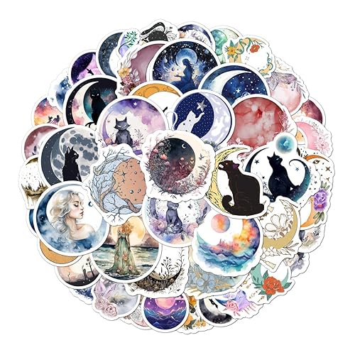 Pack 50 Pcs Flower Moon Stickers for Water Bottles Waterproof Laptop Luggage Computer Journaling Scrapbooking Teens Adults Girls Aesthetic Sticker Packs Small Vinyl Decals - Moon & Cat