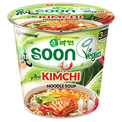 Nongshim Soon Kimchi Instant Vegan Ramen Noodle Soup Mix Cup, 6 Pack, Microwaveable Vegan Meatless Ramen, Real Kimchi Flakes - Soon Kimchi Vegan