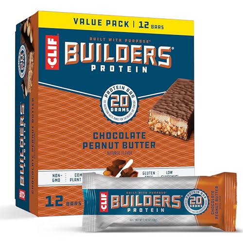 CLIF Builders - Chocolate Peanut Butter Flavor - Protein Bars - Gluten-Free - Non-GMO - Low Glycemic - 20g Protein - 2.4 oz. (12 Pack) - Snack Food Bar - Chocolate Peanut Butter - 12 Count (Pack of 1)