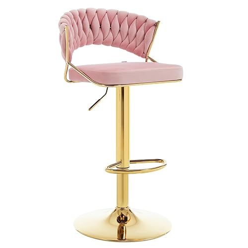 WOLTU Barhocker höhenverstellbar, Barstuhl 360° drehbar, Küchenhocker mit geflochtener Rückenlehne Fußstütze, Hocker Bar Küche, Samt Metall, Rosa, BH427rs-1 - Rosa