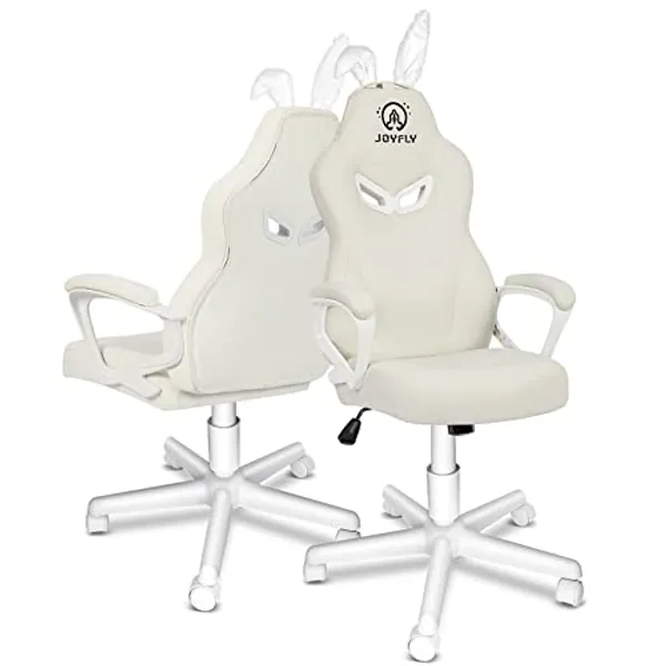 JOYFLY White Gaming Chair, Computer Gaming Chair for Girls Teens, Kawaii Gamer Chair Ergonomic PC Office Chair with Dirt-Resistant Leather(White-Bunny)