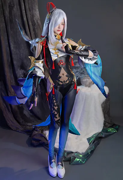 Genshin Impact Shenhe Cosplay Costume Waist Cutout Bodysuit with Earrings Gloves