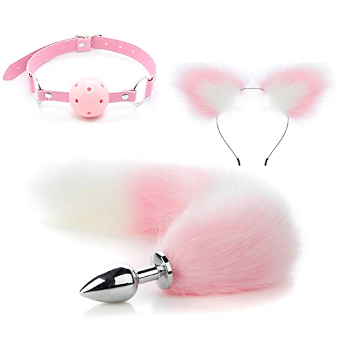 Jinqian Stainless Steel Plug with Pink Fox Tail Fox Ears Headband Gag 3 Pieces Set Butt Plug Dildo Cat Fox Tail Bondage Ball Sexy Cosplay SM Erotic Sex Toy for Women Couples (S) - S