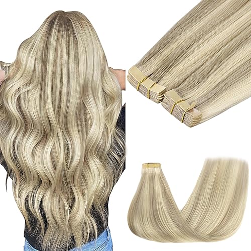 GOO GOO Tape in Hair Extensions Human Hair, 17A/60A Ash Blonde Highlighted Platinum Blonde, 24inch 100g 40pcs, Thick Ends Straight Seamless Tape in, Invisible Tape in Hair Extensions Human Hair - 24 Inch-100g-40PCS - #17A/60A Ash Blonde Highlighted Platinum Blonde