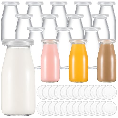 Zubebe 12 Pack 3.38 oz Small Glass Milk Bottle Clear Mini Glass Bottles with Lids Glass Juice Bottle Reusable Small Milk Jar Vintage Breakfast Shake Container for Drinking Water Juice Honey - 3.38 oz