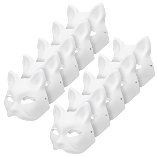 Apettoey 10PCS Cat Mask Therian Masks White Cat Masks to Paint Blank Animal Dress Up Masks DIY White Masks Half for Masquerade Halloween Kids Cosplay Masks Costume Party Favors