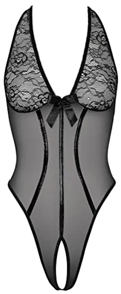 Orion Body - erotischer Neckholder-Stringbody für Frauen, mit floraler Spitzen-Verzierung, Samt-Schleife, Öffnung im Schritt, kurvenbetont, schwarz