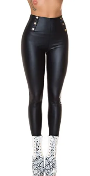 Business Thermo Leder Look High Waist Leggings mit Deko Knöpfe